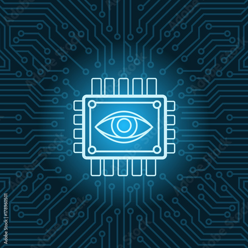 Human Eye Icon On Chip Over Blue Circuit Motherboard Background Vector Illustration