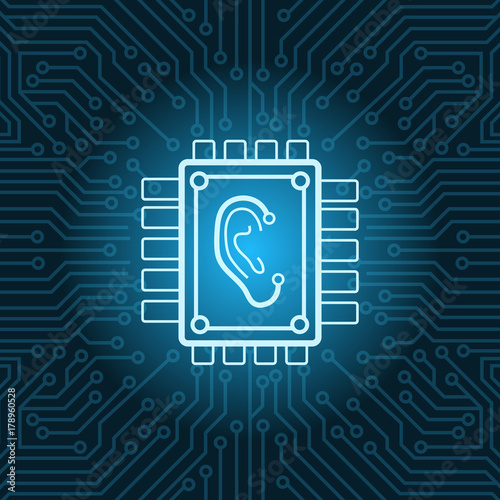 Human Ear Icon On Chip Over Blue Circuit Motherboard Background Vector Illustration