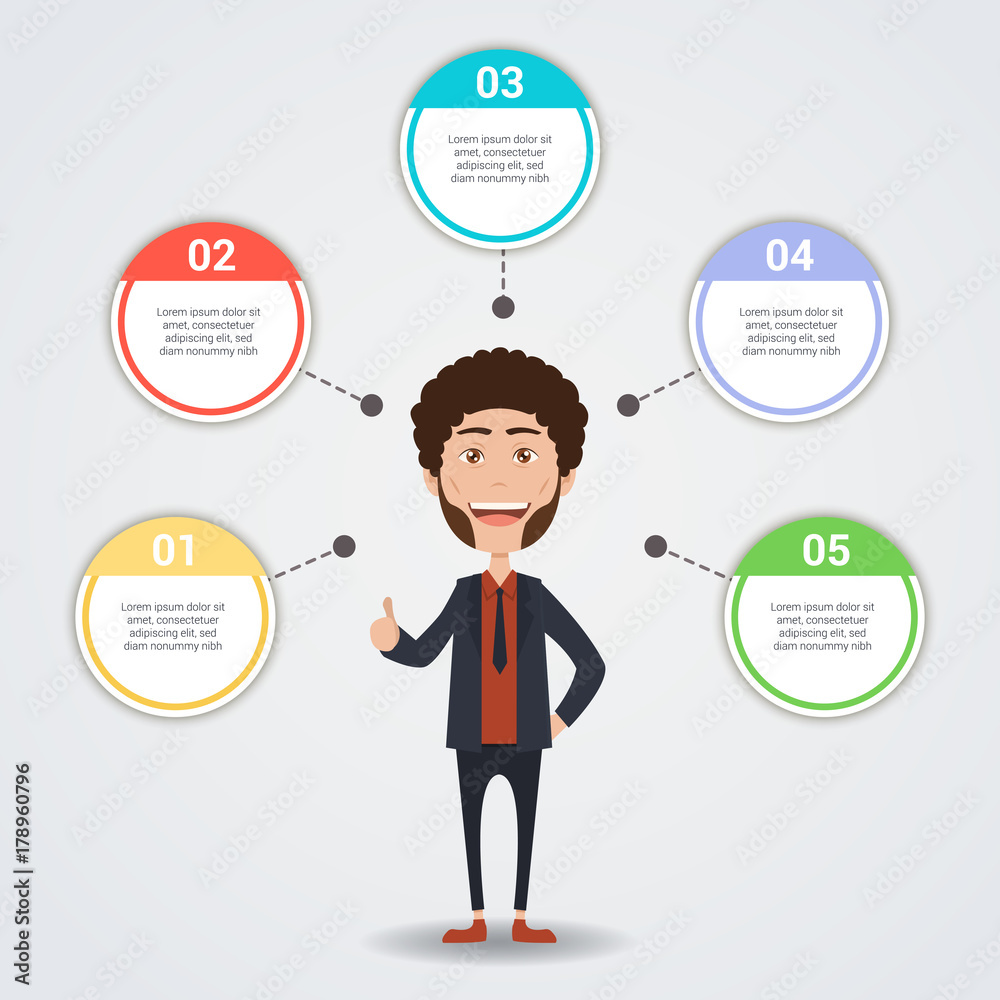 Business infographic design template with editable elements and businessman