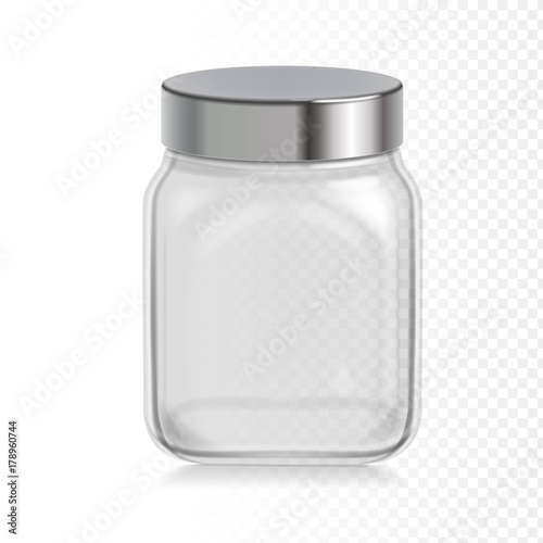 Empty transparent glass jar with metal cap . Vector illustration. Packaging for cereals