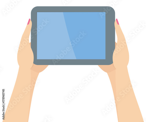 Two hands holding a tablet vector illustration