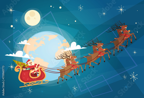 Santa Claus Flying In Sleigh In Sky With Reindeers, Merry Christmas And Happy New Year Banner Flat Vector Illustration