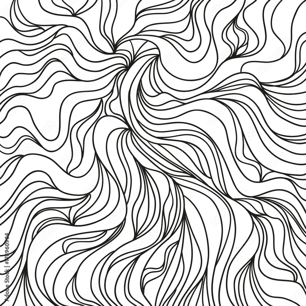 Background. Hand drawn lines. Hair texture. Monochrome wave pattern. Doodle for design. Line art. Illustration for coloring. Design for spiritual relaxation for adults. Black and white wallpaper Background. Hand drawn lines. Hair texture. Monochrome wave pattern. Doodle for design. Line art. Illustration for coloring. Design for spiritual relaxation for adults. Black and white wallpaper