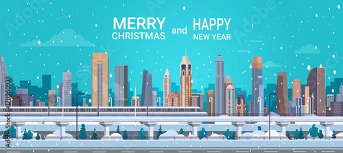 Merry Christmas And Happy New Year Poster With Winter City Landscape Snowy Cityscape Background Flat Vector Illustration