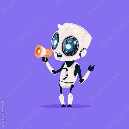 Cute Robot Hold Megaphone Isolated Icon On Blue Background Modern Technology Artificial Intelligence Concept Flat Vector Illustration © mast3r