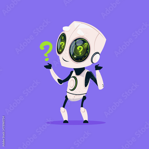 Cute Robot With Question Mark Isolated Icon On Blue Background Modern Technology Artificial Intelligence Concept Flat Vector Illustration © mast3r