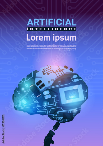 Modern Cyborg Brain Mechanism Over Circuit Motherboard Background Vertical Banner With Copy Space Artificial Intelligence Concept Vector Illustration