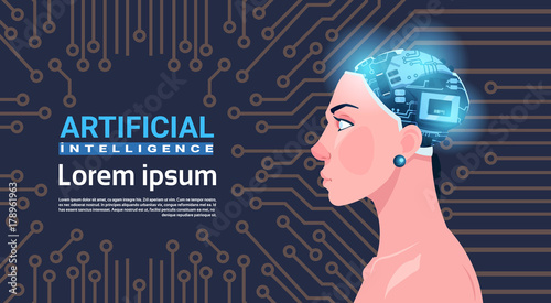 Female Head With Modern Cyborg Brain Over Circuit Motherboard Artificial Intelligence Concept Vector Illustration