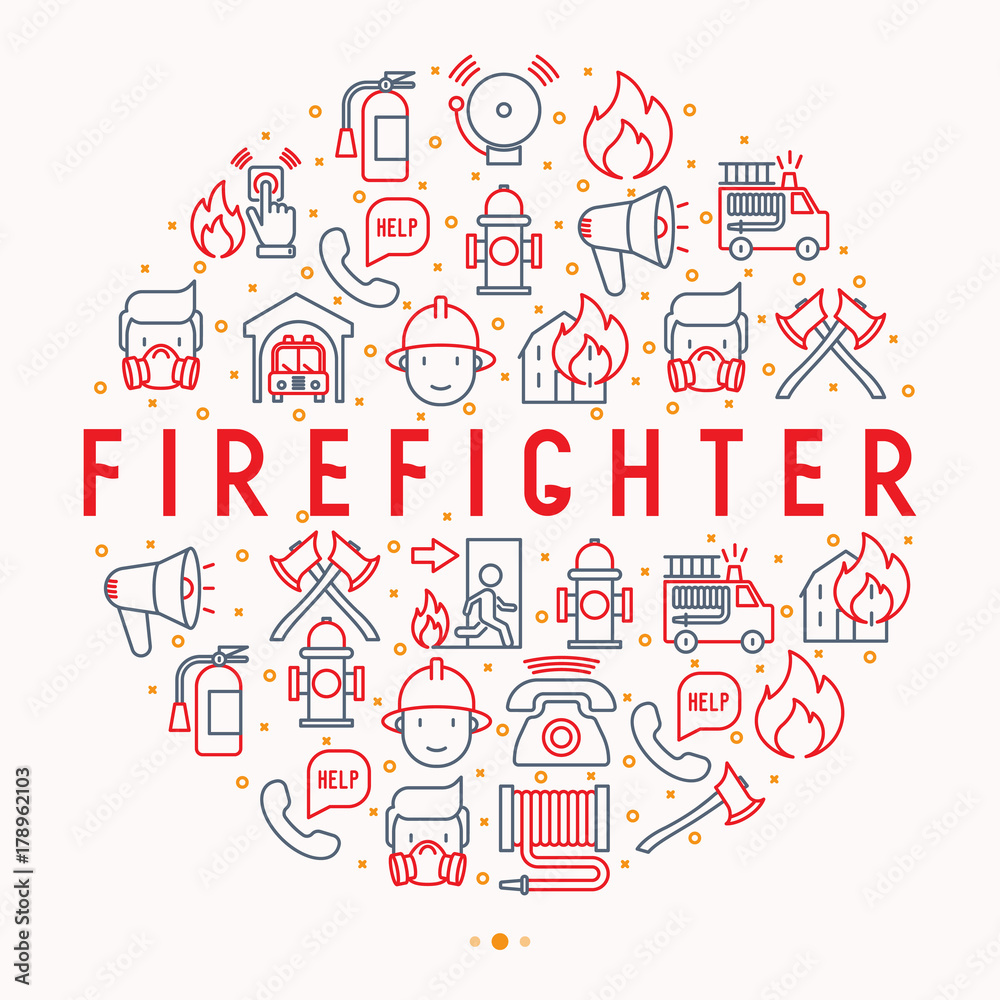 Firefighter concept in circle with thin line icons: fire, extinguisher, axes, hose, hydrant. Modern vector illustration for banner, web page, print media.