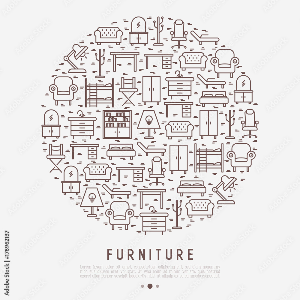 Furniture concept in circle with thin line icons of coach, bookcase, bed,  dresser, chair, lamp, floor hanger. Modern vector illustration for banner, web page, print media.