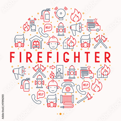 Firefighter concept in circle with thin line icons: fire, extinguisher, axes, hose, hydrant. Modern vector illustration for banner, web page, print media.