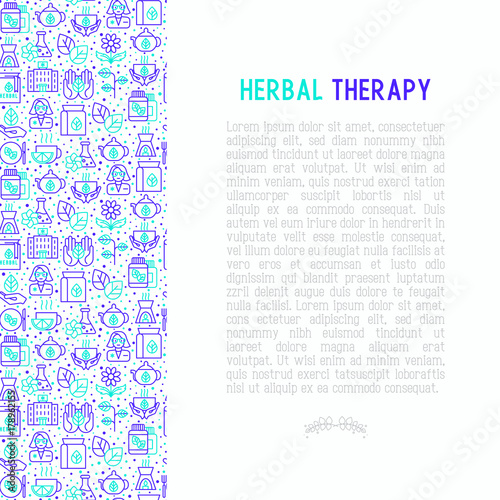Herbal therapy concept with thin line icons: herbalist, decoction, aromatic oil, oil burner, tea. Vector illustration for banner, web page, print media.