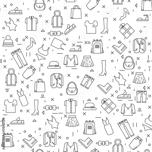 Clothes Items On White Background Seamless Pattern Thin Line Vector Illustration