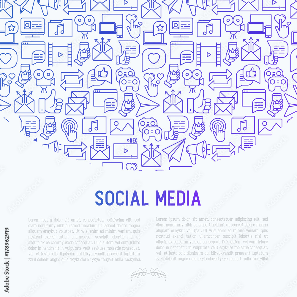 Social media concept with thin line icons: of thumbs up, share, link, send e-mail, music, stream, comments. Vector illustration for banner, web page, print media.