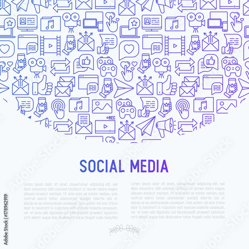Social media concept with thin line icons: of thumbs up, share, link, send e-mail, music, stream, comments. Vector illustration for banner, web page, print media.