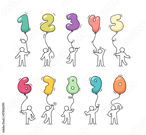 Cartoon icons set of sketch little people with numbers.