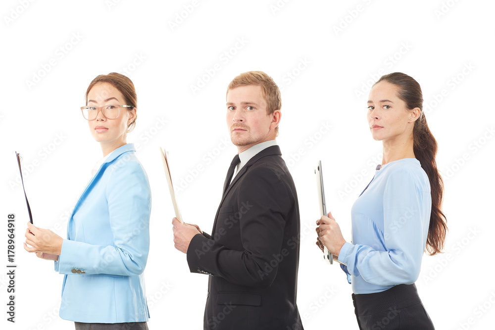 Portrait of three office workers standing one after another on white background Portrait of three office workers standing one after another on white background