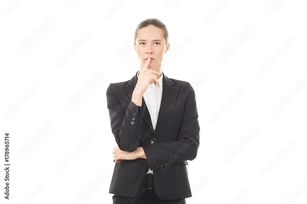 Portrait of young emotional businesswoman in formal suit on white background Portrait of young emotional businesswoman in formal suit on white background