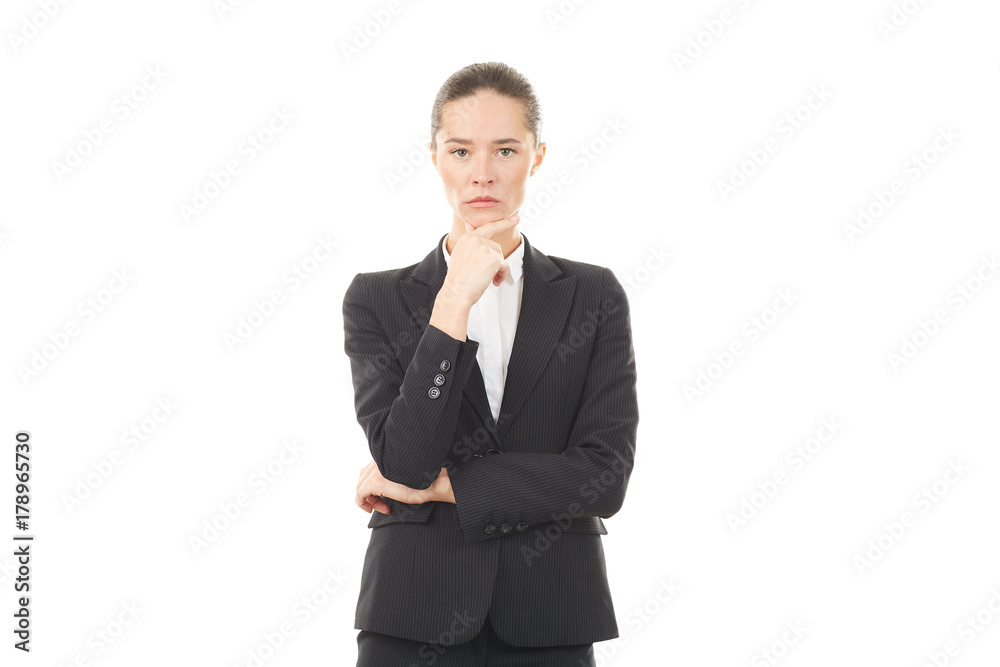 Portrait of young emotional businesswoman in formal suit on white background Portrait of young emotional businesswoman in formal suit on white background