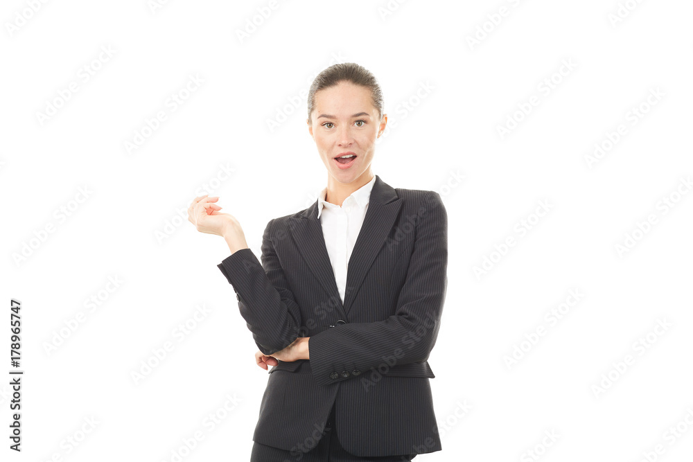 Portrait of young emotional businesswoman in formal suit on white background Portrait of young emotional businesswoman in formal suit on white background