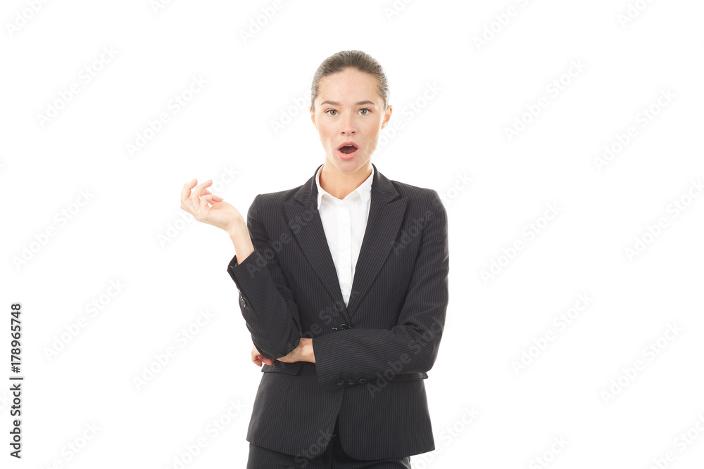 Portrait of young emotional businesswoman in formal suit on white background Portrait of young emotional businesswoman in formal suit on white background