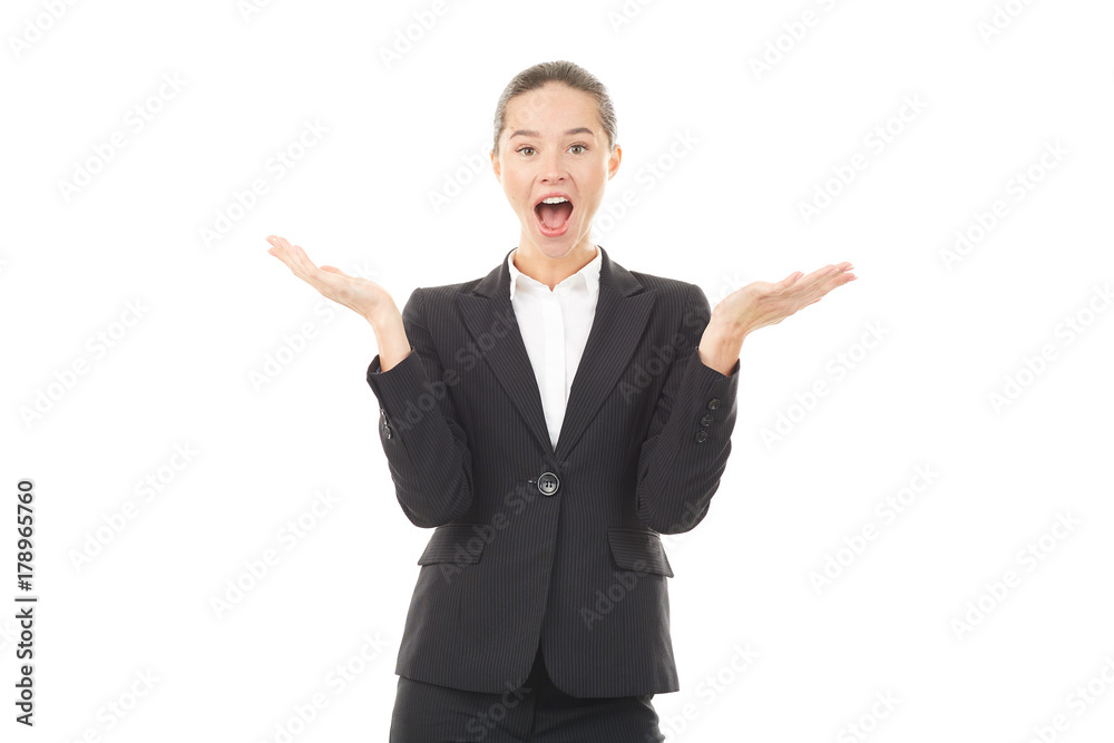 Portrait of young emotional businesswoman in formal suit on white background Portrait of young emotional businesswoman in formal suit on white background