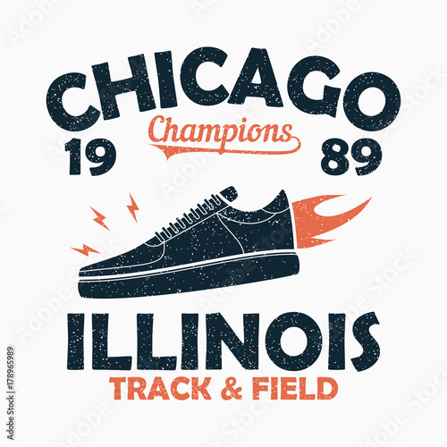 Chicago, Illinois Track and Field athletics typography for t-shirt with sneaker in fire. Original sportswear print. Apparel typography. Graphic for design clothes. Vector illustration.