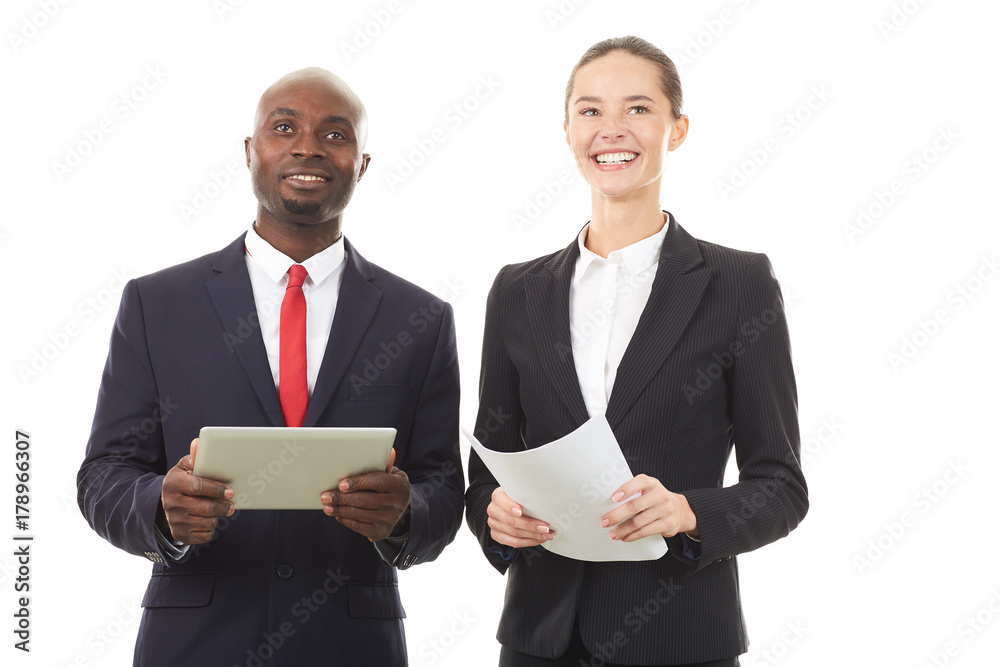 Portrait of African businessman and Caucasian businesswoman on white background Portrait of African businessman and Caucasian businesswoman on white background