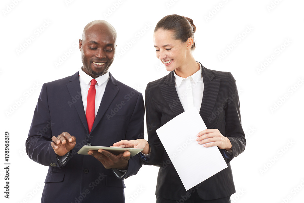 Portrait of African businessman and Caucasian businesswoman on white background Portrait of African businessman and Caucasian businesswoman on white background