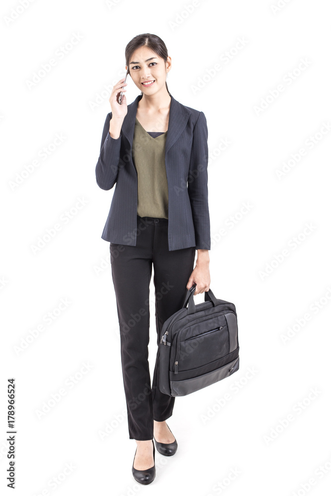 Asian Business Woman smiling, Woman stand and using Smartphone, isolated on white background, Woman working concept.