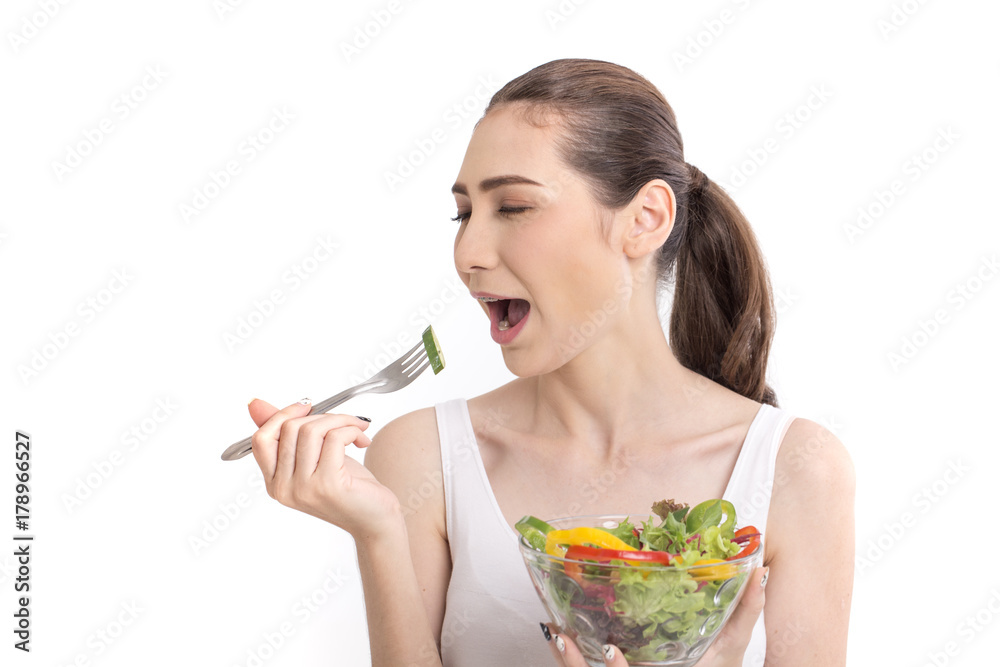 Portrait of Beautiful woman with vegetable salad. Portrait of Beautiful woman with vegetable salad.
