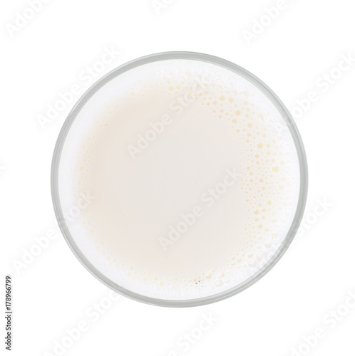 Glass of milk isolated on white background.top view