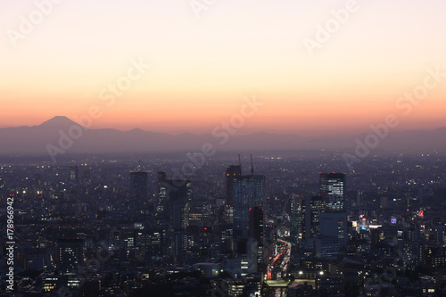 Wallpaper Mural 日本の東京都市景観・都心から望む富士山。太陽が沈んだあともシルェツトが浮かび上がった（手前は、渋谷のビル群など） Torontodigital.ca