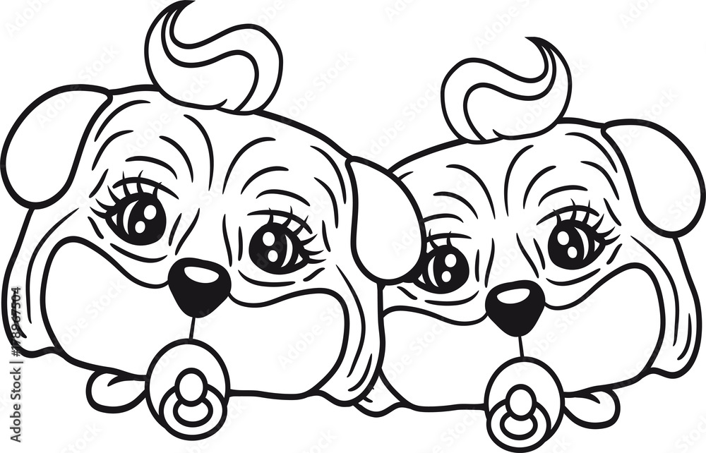 Naklejka premium gesichter kopf 2 freunde geschwister brüder schwestern zwillinge kinder baby kind windel schnuller mops klein dick hund welpe süß niedlich haustier comic cartoon