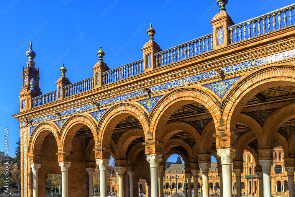 Arch on Plaza Espana. Tiled ornaments. Seville (Sevilla), Andalusia, Spain.