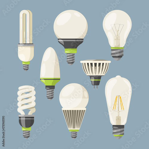 Incandescent bulbs, halogen and other different types. Vector pictures in cartoon style