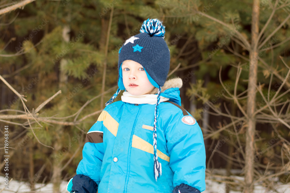 A child boy takes a walk in a winter forest (park) interested in twigs
