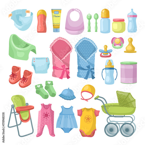 Illustrations set of newborn stuff. Different pictures set in cartoon style