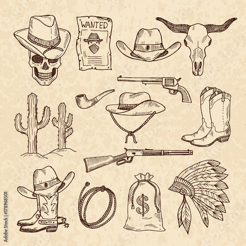 Western symbols. Cowboy, guns, saloon and other wild west pictures set. Vector hand drawn pictures