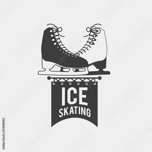 Badge with a pair of ice skates. Monochrome symbol with a pair of sports boots. This ice skating logo can be used for social network and web advertising or brand promotion.