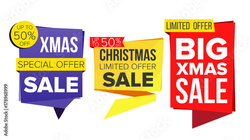 Christmas Sale Banner Set Vector. December Sale Banner. Website Stickers, Holidays Web Design. Up To 50 Percent Off Xmas Badges. Isolated Illustration