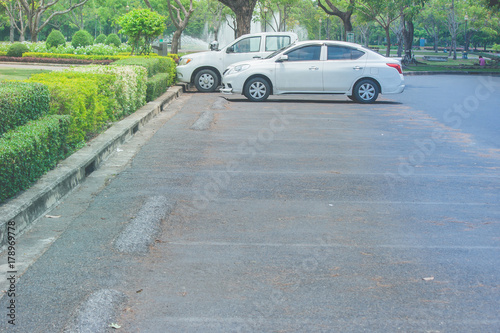 Group of cars parked on concrete floor at car parking lot surrounded with green natural at public park.