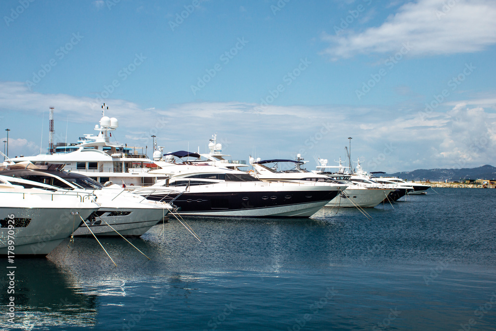 Yachts standing in port on the sea in the summer in Sochi Yachts standing in port on the sea in the summer in Sochi