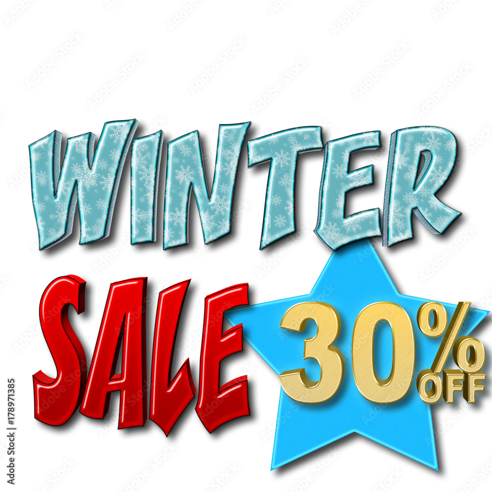 Fototapeta premium Stock Illustration - Red Sale, Ice blue Winter, Gold 30 Percent Off, Modern Banner - Sign, 3D Illustration, White Background.
