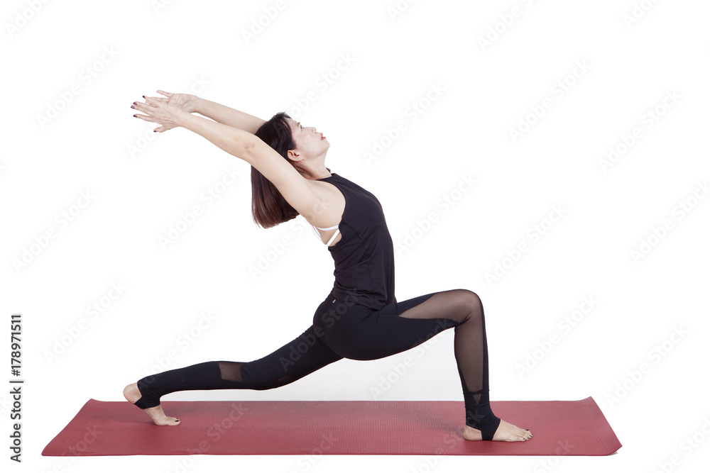 Fototapeta premium Portrait of young asian woman exercise playing yoga isolated white background
