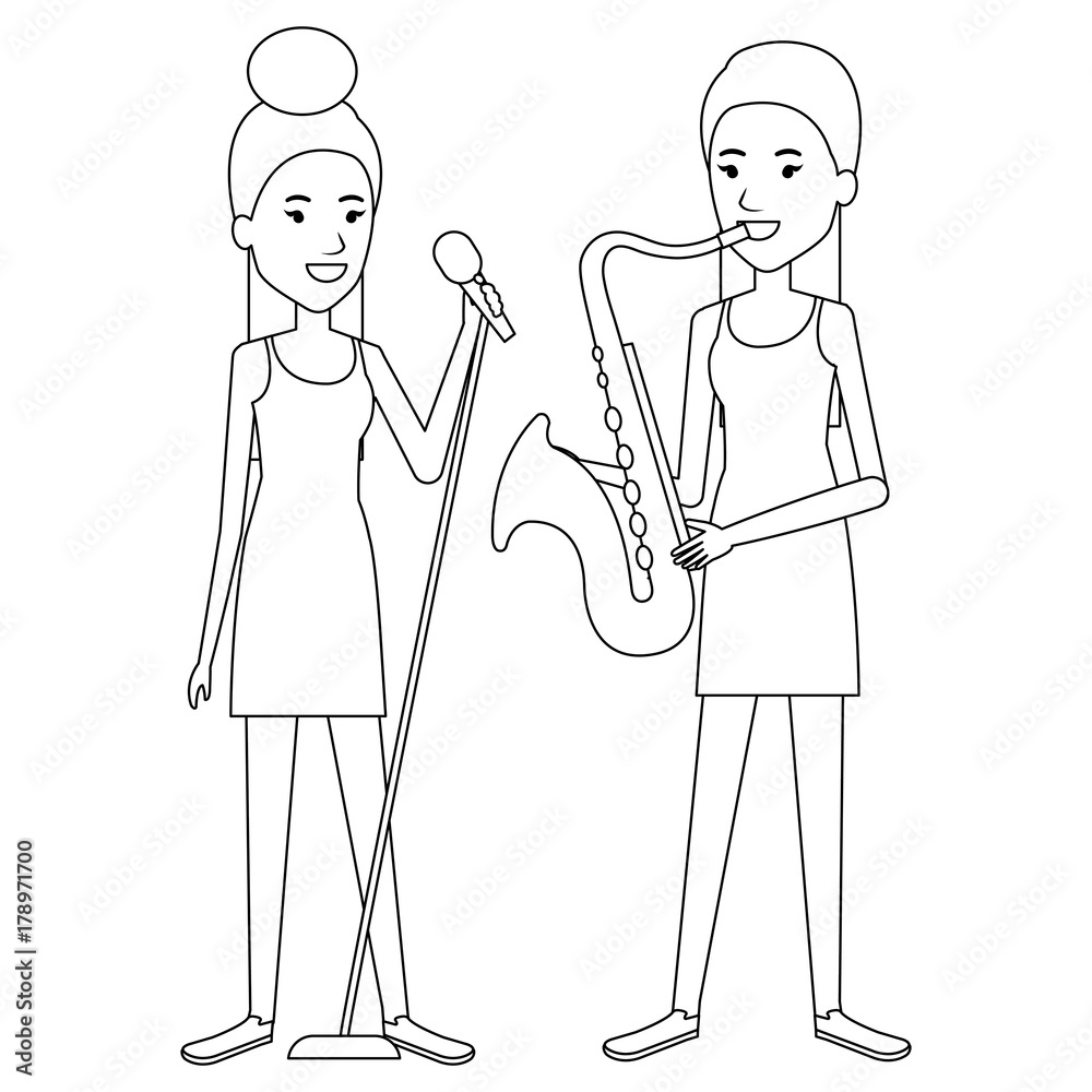 women singing and playing saxophone