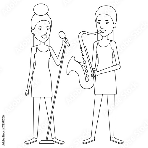 women singing and playing saxophone