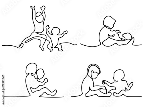 Continuous line drawing. Logo set. toddler playing with baby. Vector illustration