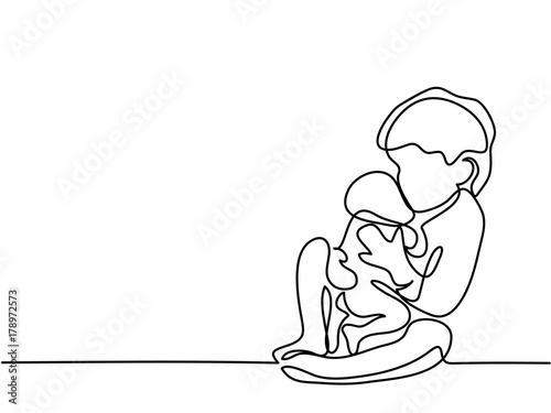 Continuous line drawing. Happy toddler girl playing with her newborn baby brother. Vector illustration