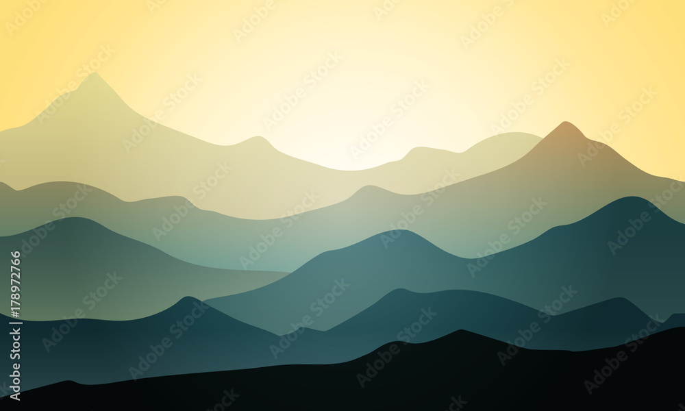 Beautiful mountains landscape at the sunrise. Panoramic view of layered hills.  Vector illustration. Green nature background.